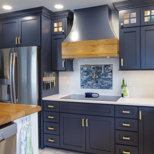 stainless steel fridge in a blue kitchen
